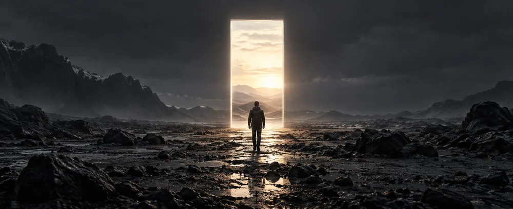 A person facing a bright doorway across a dark landscape