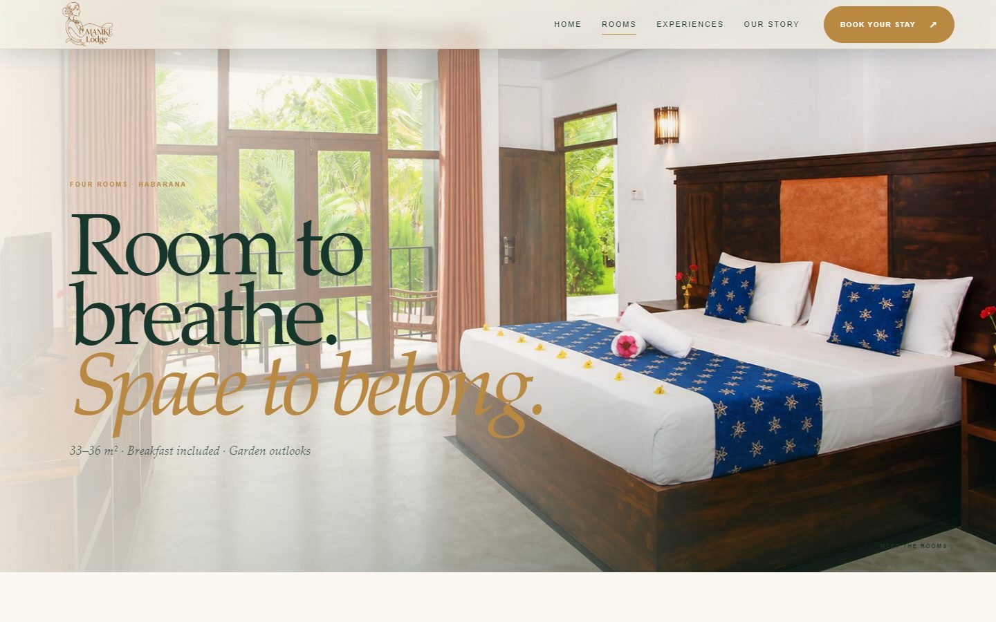 Manike Lodge live rooms page with the headline Room to breathe