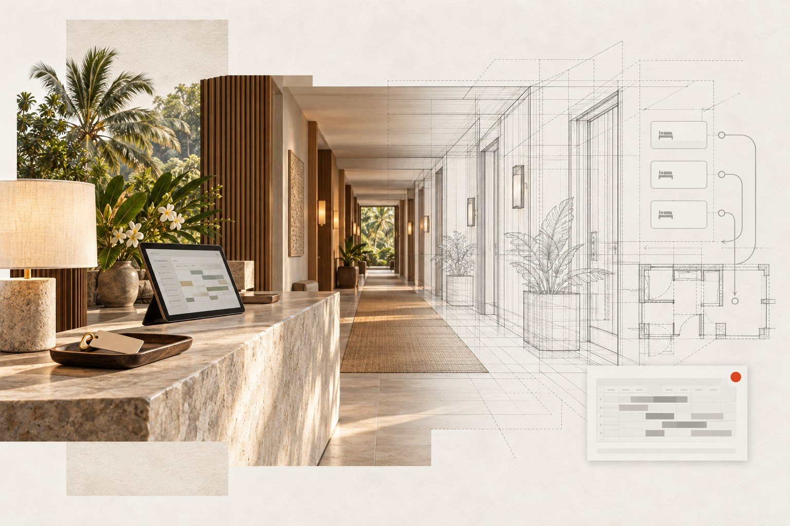 Hotel property management interface arranged with architectural hospitality imagery