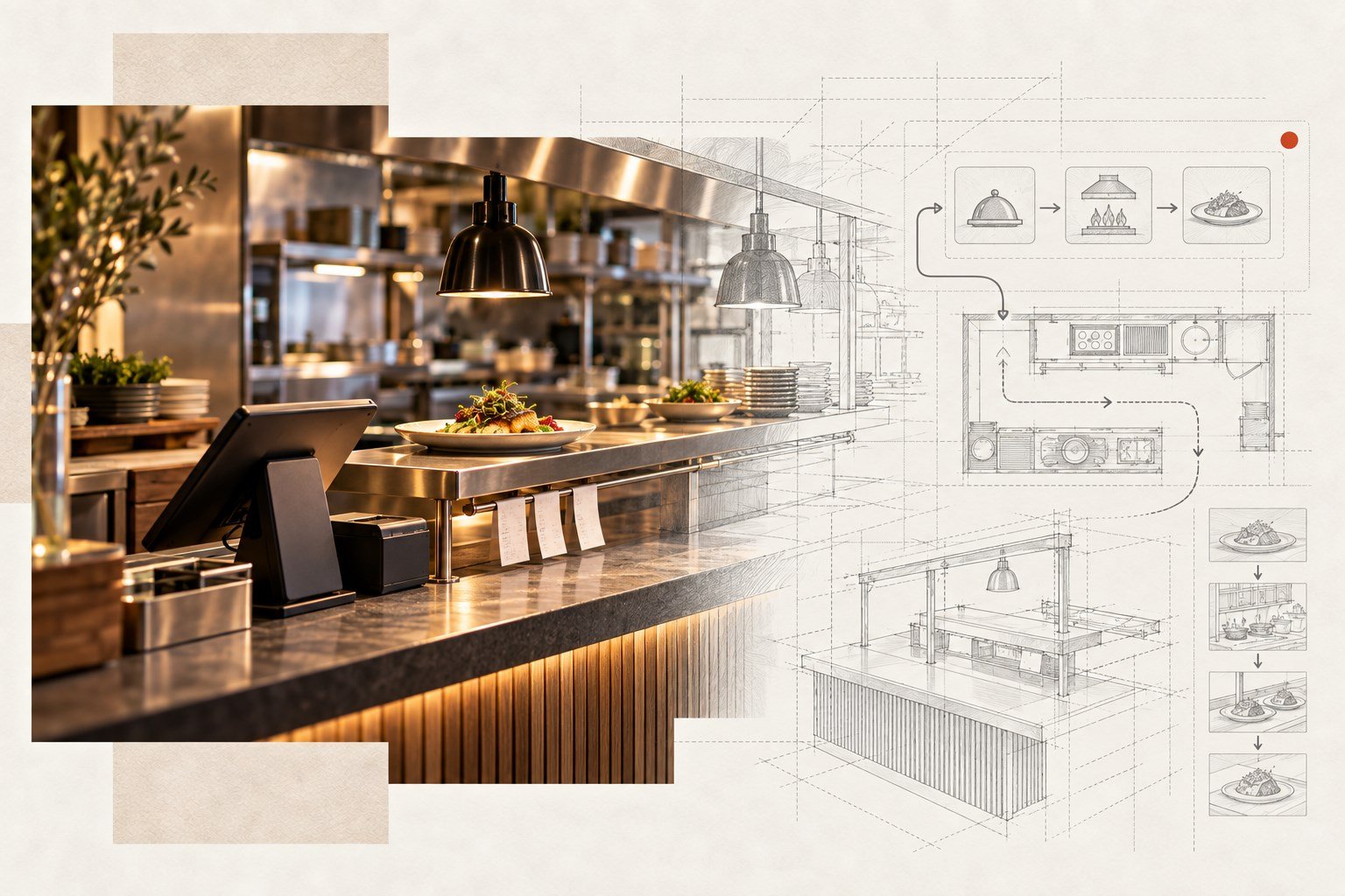 Restaurant point of sale terminals, kitchen tickets and reporting composed as one system